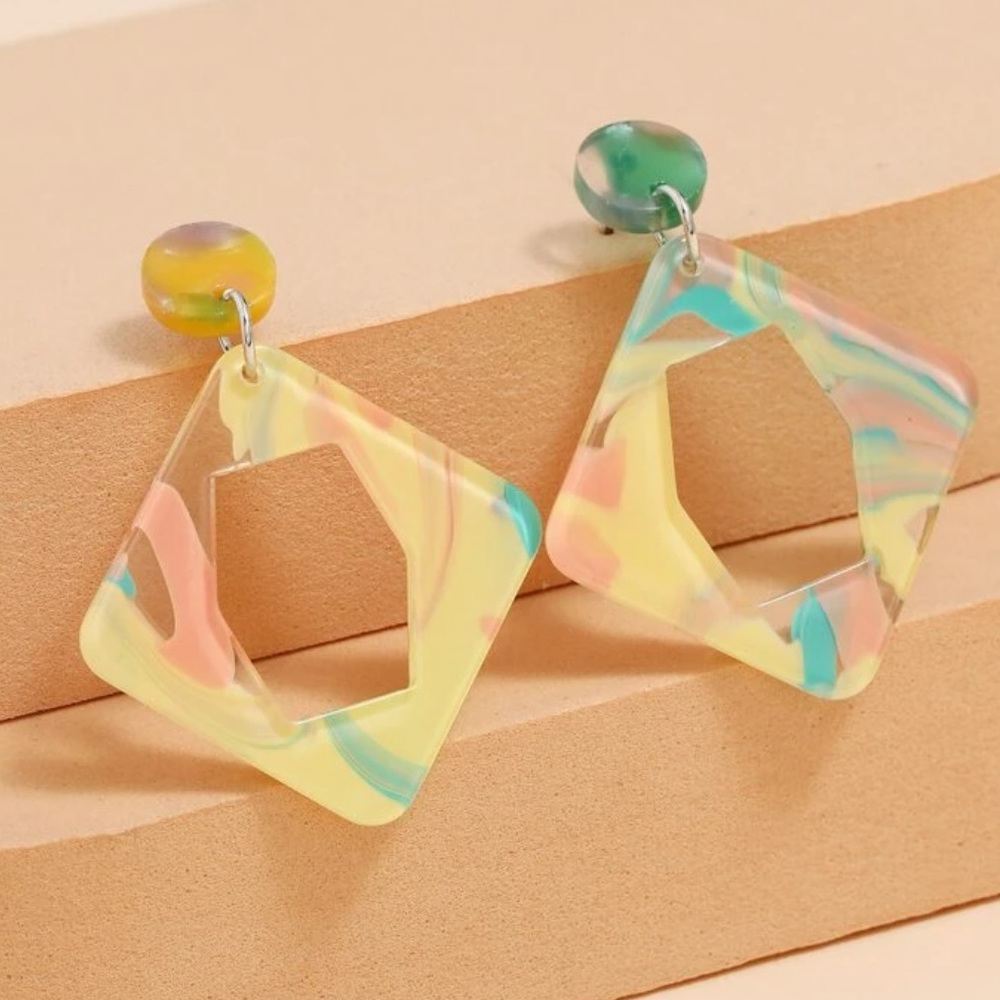 B2G1☮️Boho Retro Rhombus Acrylic Geometric Multi Color Statement Drop Earrings - Picture 4 of 11